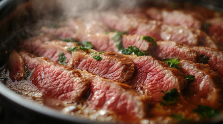 Enjoy a mouthwatering close-up of juicy sliced beef resting in savory broth, garnished with fresh herbs, perfect for food enthusiasts and culinary creations.の素材