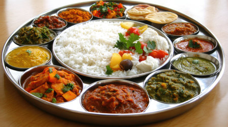 A vibrant Indian thali showcasing a variety of colorful dishes served with rice, featuring lentils, curries, and fresh vegetables, perfect for sharing.の素材