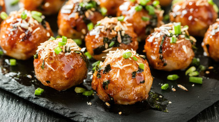 Enjoy a delectable plate of takoyaki, featuring perfectly cooked savory balls topped with green onions and bonito flakes, ideal for any gathering.の素材