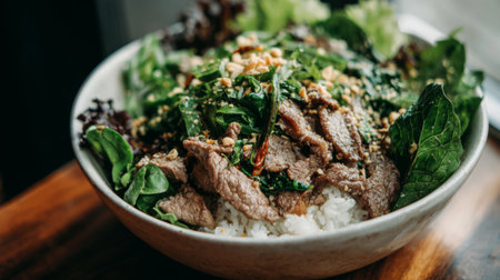 A delicious beef bowl filled with tender meat, vibrant greens, and rice, topped with crunchy peanuts, ideal for a nutritious and satisfying meal experience.の素材