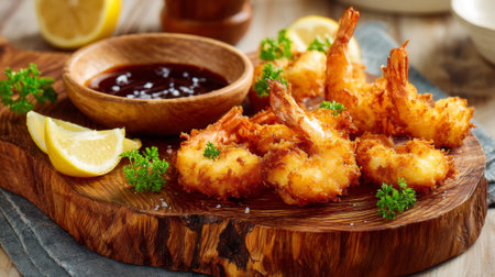 Indulge in this mouthwatering crispy fried shrimp dish served with lemon wedges and a rich dipping sauce for a delightful appetizer or main course.の素材