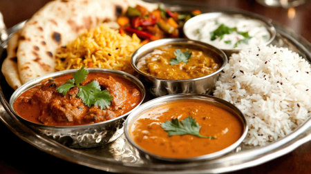 Discover a vibrant Indian cuisine platter showcasing an array of dishes, including colorful curries, rice, and flatbreads, filled with rich flavors and fresh herbs.の素材