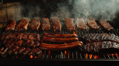 A sizzling assortment of meats grilling over an open flame, featuring ribs, sausages, and steak. The smoky aroma and charred texture promise a delicious barbecue experience.の素材