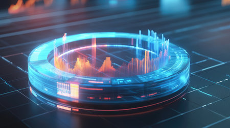 This digital image features a vibrant, futuristic data visualization. It showcases colorful graphs and metrics on a sleek interface, perfect for tech and business themes.の素材