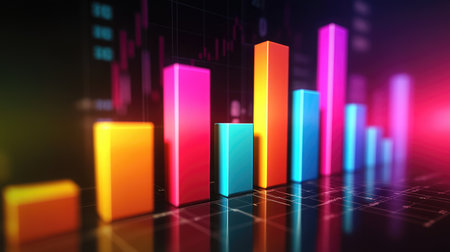 Vibrant data visualization depicting colorful bars representing growth and performance metrics, ideal for projects in business analysis or financial planning.の素材