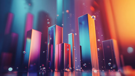 A vibrant abstract cityscape featuring colorful towers and floating bubbles, creating a dynamic and modern atmosphere. Perfect for digital art themes.の素材