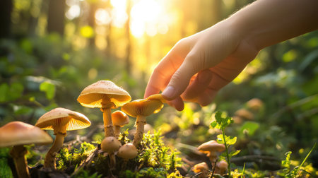 A hand reaches for mushrooms in a sunlit forest, showcasing the beauty of nature. This image evokes feelings of adventure, tranquility, and the exploration of wild flora.の素材