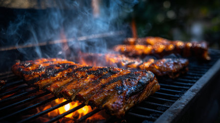 Juicy and tender smoked BBQ ribs cooking over a grill, releasing delicious smoke and creating an inviting atmosphere perfect for summer gatherings and cookouts.の素材