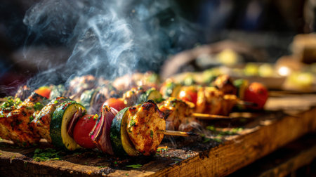 Juicy grilled chicken and fresh vegetables on skewers create a mouthwatering display. The smoke and char enhance the outdoor cooking experience, perfect for summer gatherings.の素材