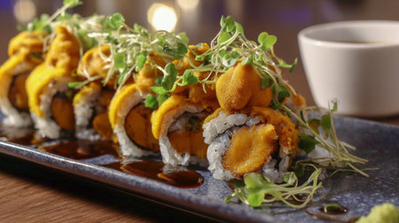 Indulge in this exquisite sushi roll featuring rich sea urchin adorned with delicate microgreens, beautifully presented on a slate plate, perfect for gourmet lovers.の素材