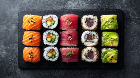 A vibrant sushi platter showcases an assortment of expertly crafted rolls, featuring fresh ingredients like salmon, tuna, and avocado, perfect for sharing.の素材