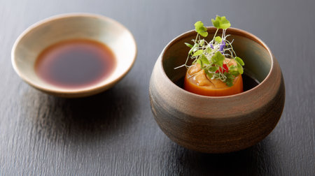 This image showcases a gourmet round appetizer in an elegant clay bowl, artfully garnished with microgreens, accompanied by a dipping sauce for added flavor.の素材