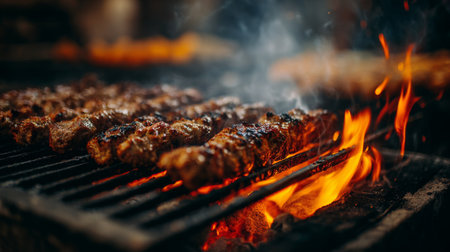 Indulge in the vibrant scene of grilled meat skewers sizzling over open flames, showcasing smoky flavors and inviting aromas perfect for summer gatherings or outdoor events.の素材