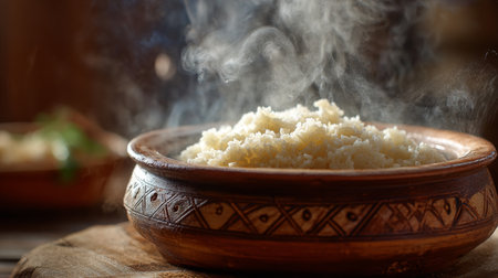 A steaming bowl of fluffy rice sits on a wooden surface, evoking a cozy kitchen atmosphere. The warm light highlights the rice's texture, perfect for culinary delights.の素材