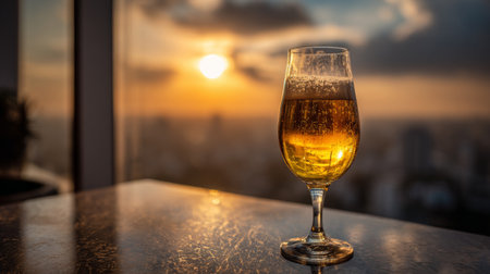 A refreshing glass of beer sits elegantly on a table, capturing the warm glow of the sunset over a bustling city skyline, creating a perfect evening atmosphere.の素材