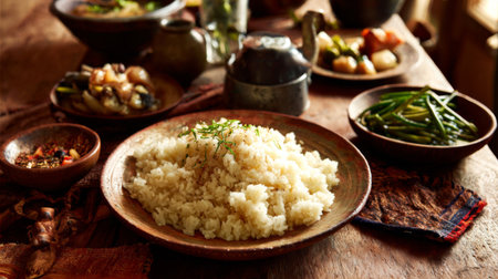 A beautifully presented plate of fluffy white rice, garnished with herbs, set on a rustic wooden table alongside a variety of vibrant side dishes ready for a delightful meal.の素材