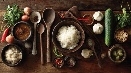 A beautifully arranged rustic wooden table featuring cooked rice, fresh vegetables, and an array of spices, perfect for culinary inspiration and cooking creativity.の素材