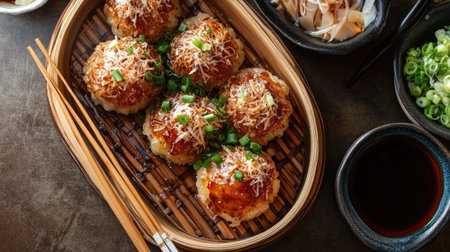 A beautifully arranged platter of Japanese cuisine showcasing succulent sushi balls garnished with green onion and served with soy sauce.の素材