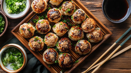 A vibrant display of grilled meatballs garnished with green onions, served in a wooden tray. Perfect for sharing at gatherings, this dish showcases delicious flavors.の素材