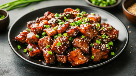 A mouthwatering glazed meat dish garnished with green onions and sesame seeds, ideal for any dining occasion or culinary showcase. Perfectly cooked and flavorful.の素材