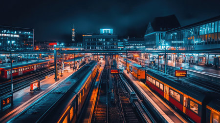 A vibrant nighttime scene at a modern train station, showcasing illuminated platforms and bustling commuters amidst a backdrop of city architecture.の素材