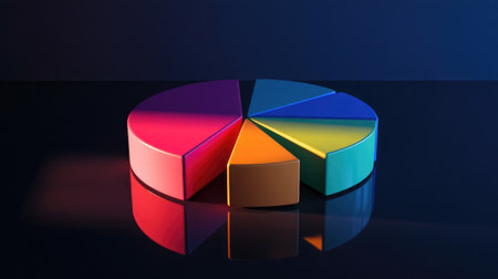 A vibrant pie chart displayed on a reflective surface, showcasing various segments in bold colors. Ideal for business, analysis, and marketing visuals.の素材