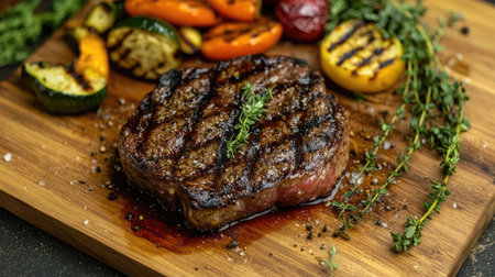 A perfectly grilled steak served with assorted seasonal vegetables on a rustic wooden cutting board, garnished with fresh thyme for an appetizing presentation.の素材