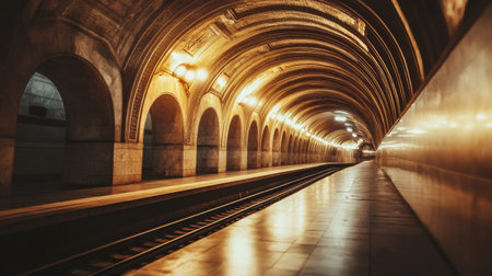 A beautifully illuminated subway station tunnel showcases architectural elegance with its arches and warm lighting, inviting quiet reflection and exploration.の素材