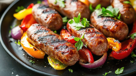 Delicious grilled sausages served on a bed of colorful vegetables, perfect for summer gatherings. A mouthwatering dish for any occasion.の素材