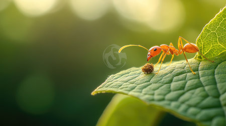 A close-up image of an ant crawling on a green leaf, showcasing intricate details in a vibrant natural setting, capturing the essence of wildlife.の素材