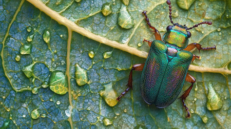 A stunning close-up of a vibrant beetle perched on a leaf adorned with water droplets, showcasing the intricate details of nature's beauty.の素材