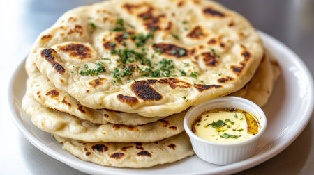 Enjoy a stack of freshly baked flatbread, served warm with a side of butter and herbs. Perfect for meals, snacks, or sharing at gatherings.の素材