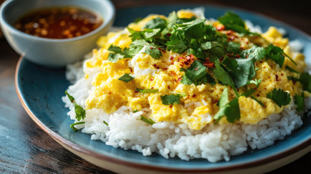 Delicious scrambled eggs served over fluffy rice, garnished with fresh cilantro and a side of savory sauce, perfect for a satisfying meal.の素材
