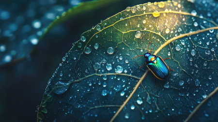 A vibrant beetle rests on a green leaf, adorned with glistening water droplets. This close-up shot captures the intricate beauty of nature.の素材