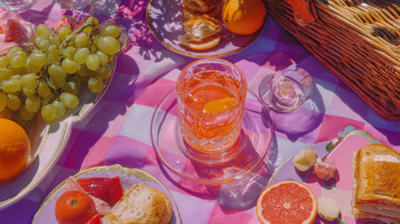 A lively picnic scene featuring an array of fresh fruits, colorful drinks, and tasty appetizers arranged on a pink checkered blanket, perfect for a sunny outdoor gathering.の素材