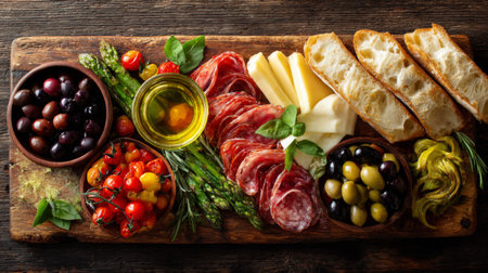 A beautifully arranged platter showcasing an array of gourmet ingredients including cheese, olives, cured meats, cherry tomatoes, and fresh asparagus, perfect for sharing.の素材