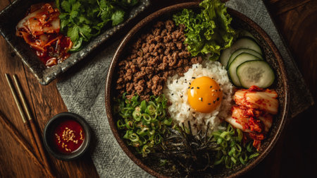 A vibrant Korean rice bowl displays ground beef, fresh vegetables, a bright egg yolk, and spicy kimchi, perfect for a healthy and satisfying meal experience.の素材