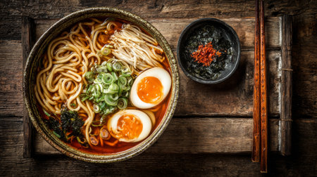 A warm bowl of ramen noodles topped with soft-boiled eggs and fresh scallions sits on a rustic wooden table, perfect for a comforting meal.の素材