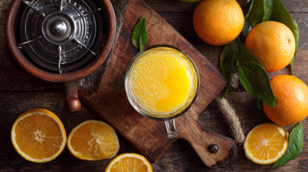 A vibrant image of freshly squeezed orange juice in a glass beside a classic juicer and whole oranges. Perfect for themes of health, nutrition, and sunny mornings.の素材