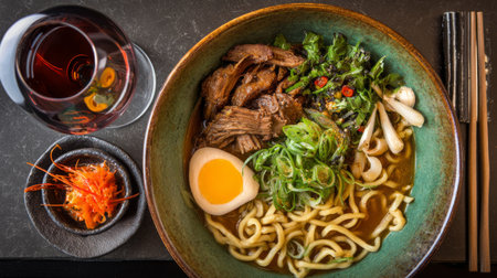This enticing bowl of ramen features tender beef, fresh herbs, and a perfectly boiled egg, served with a glass of red beverage on a stylish table setting.の素材