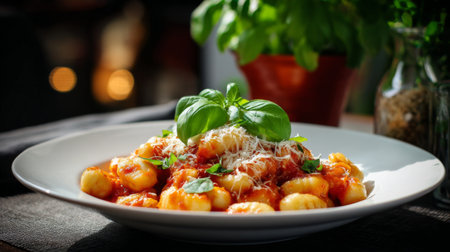A beautiful serving of gnocchi topped with rich tomato sauce, fresh basil, and cheese, perfect for an elegant dinner setting in a cozy restaurant atmosphere.の素材