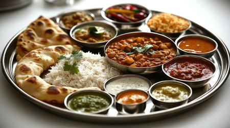 Enjoy a vibrant Indian thali featuring an array of dishes including rice, naan, and various curries, perfect for a delightful dining experience.の素材
