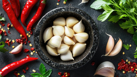 A beautiful arrangement of fresh garlic cloves surrounded by vibrant herbs and spices. Perfect for cooking enthusiasts and food photography.の素材