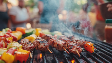 A vibrant summer barbecue scene featuring skewers of meat and colorful vegetables sizzling on the grill, enveloped in aromatic smoke, perfect for outdoor gatherings.の素材