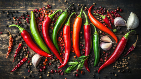 A vibrant assortment of fresh chilis and spices arranged on a rustic wooden surface. Perfect for culinary use, this image showcases colorful ingredients that add flavor and heat to any dish.の素材