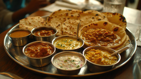 A vibrant Indian food platter featuring an assortment of curries, lentil dishes, and freshly made bread, perfect for sharing and enjoying a cultural feast.の素材