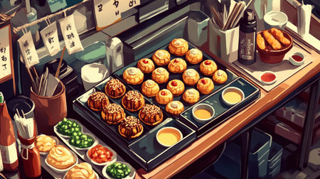 A vibrant display of delicious Asian street food featuring a variety of snacks arranged in a market stall. Bright colors and enticing ingredients create a feast for the senses.の素材