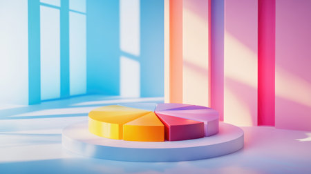 A vibrant pie chart displayed in a modern workspace, featuring a colorful design. This illustration is ideal for business presentations and marketing visuals.の素材