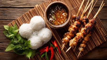 Discover a mouthwatering arrangement featuring grilled chicken skewers, sticky rice, and a zesty dipping sauce, enhanced by fresh herbs and colorful chilies.の素材