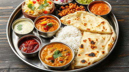 This vibrant Indian food platter showcases a variety of dishes, including rice, naan, and colorful curries, perfect for a delicious meal.の素材